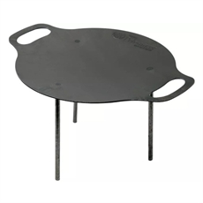 Rund stekehelle med to håndtak og tre ben for støtte. Flat overflate til matlaging.